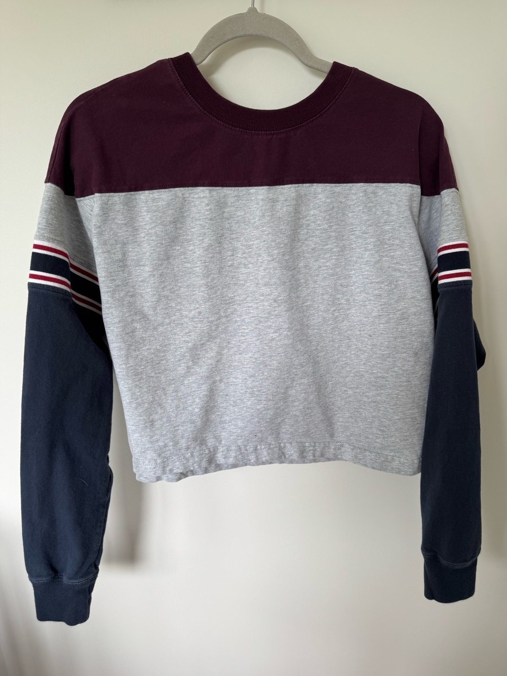 Harlow Colorblock Crewneck Sweatshirt in Gray, Navy & Burgundy - Picture 2 of 7